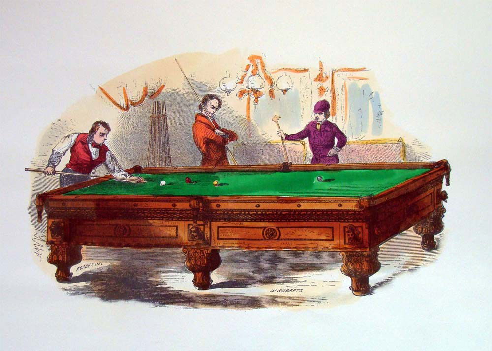 Forbes Vs W Roberts Billiards Match 19th C Lithograph: 19th Century England, Brilliantly colored, dimensions 19" by 14", artist unknown