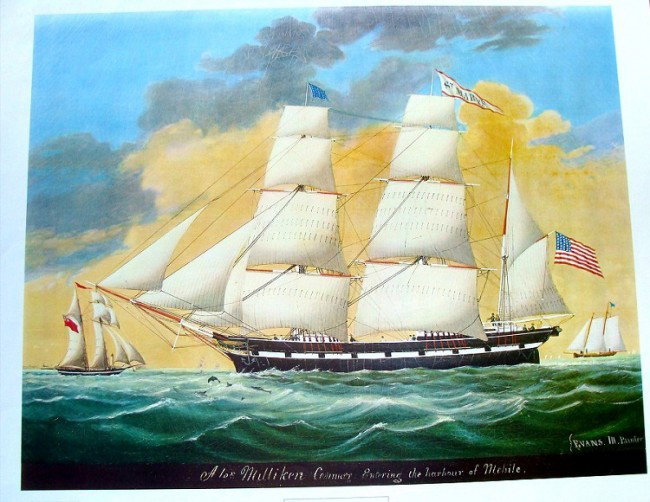 Ship St Mary's Entering Harbor at Mobile 1975 JG Evans: Printed by NY Graphic Society in 1975 this is a beautiful large color lithograph of an original painting by 19th century artist JG Evans. Dimensions 28" by 34" Unframed