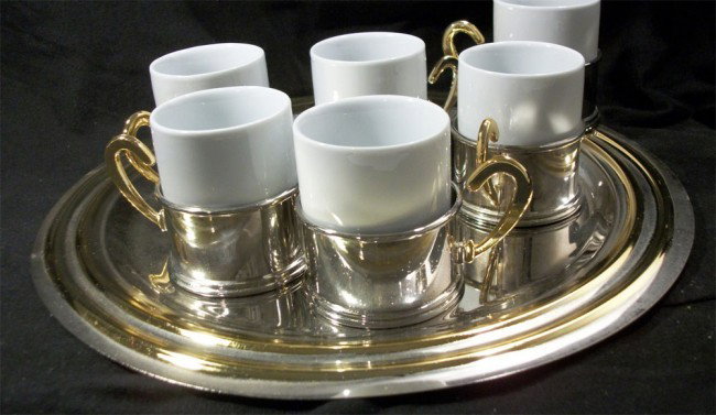 Devon Silver Tea Set with Silver & Gold Tray + 6 Cups: 6 TEA/COFFEE CUPS in Silverplate and gold by Devon Silver with silver and gold tray. Tray measures 11" around and cups are 2 1/2" tall by 2" wide. W181KBL
