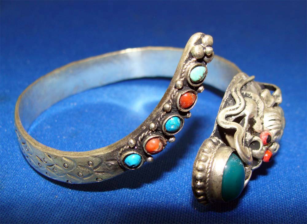 Nepal Silver Dragon Bangle Cuff Bracelet Turqouise: Accented with turquoise & coral beads, and a large blue stone, Dimensions: 2.25" diameter