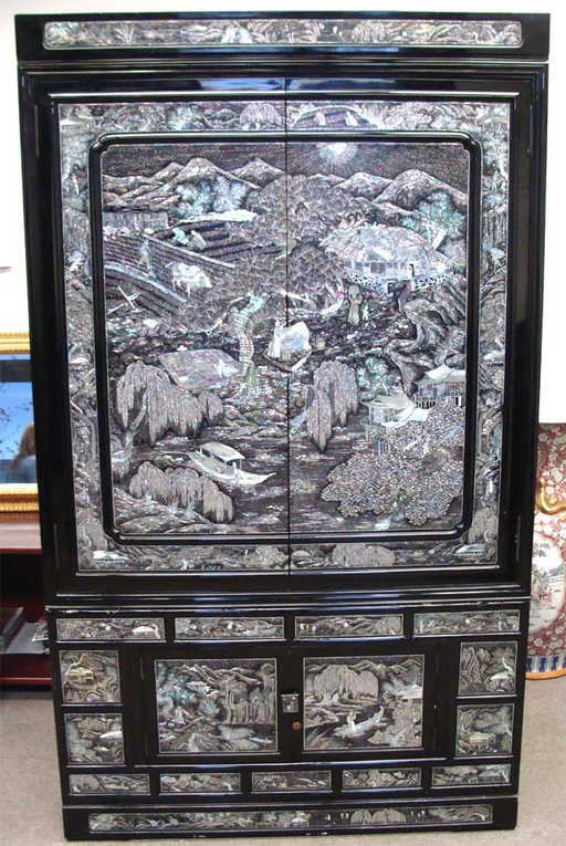 Mother Of Pearl Inlaid High Chest Black Lacquer Korean