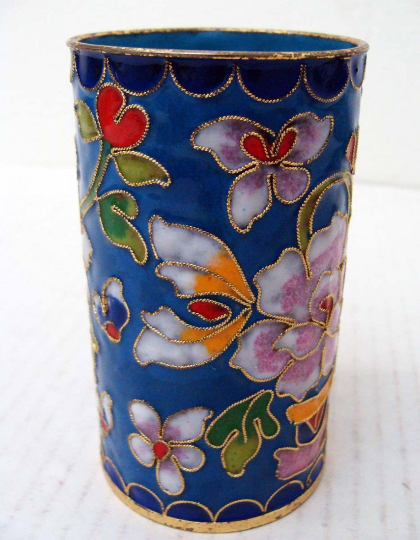 Chinese Cloissone Pen Holder Jar 4" Tall: Cloissone floral design on blue background, dimensions 4" by 2.25"