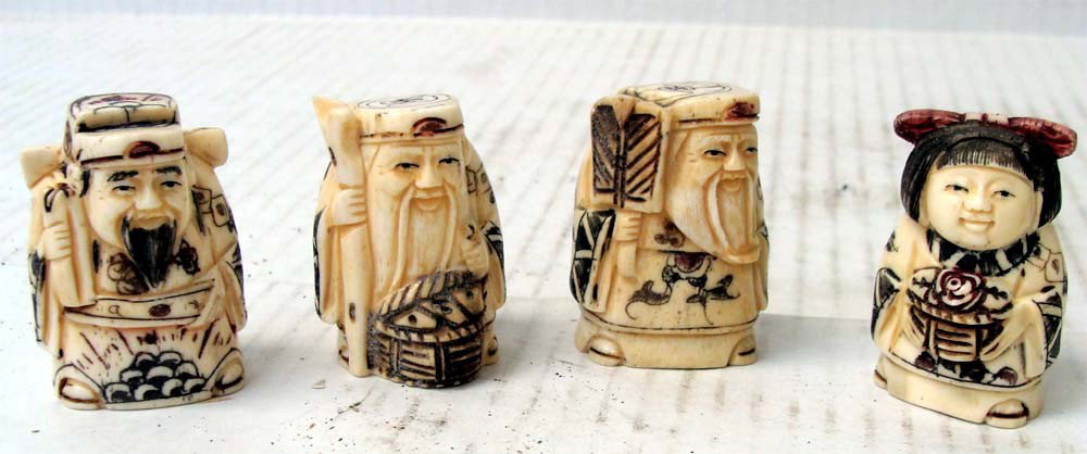 Four Chinese Carved Bone Figures Netsuke NO RESERVE: Three Man and a Lady, each is 2 1/2" tall