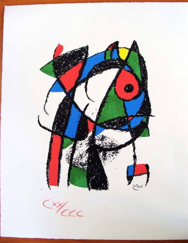 "Untitled" Joan Miro Limited #CXX/CCC 16X20 Lithograph: MIRO very large limited edition color lithograph on heavy, textured Velin d' Arches paper with hand torn deckle edges; **SIGNED IN THE PLATE** published by "Ediciones Poligrafa" in 1983; hand numbered