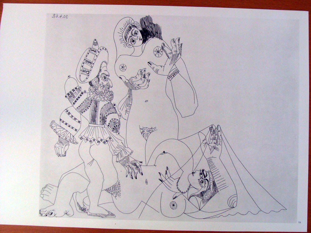 After Picasso Toreador w Two Nudes 1957 Lithograph: PICASSO poster printed in lithography in 1957 on nice cream-colored paper by the York Litho Company;**SIGNED IN THE PLATE** measures 11 x 14 inches; printed single sided with blank back