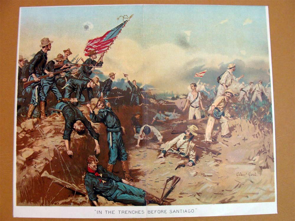 In the Trenches Before Santiago 1898 Color Lithograph: SPANISH-AMERICAN WAR, 1898. 'In the Trenches Before Santiago.' American color lithograph, 1898, after a painting by Gilbert Gaul. Plate dimensions 11" by 9", paper 17" by 13". Unframed