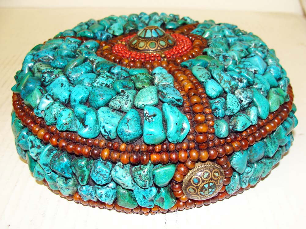 Nepal Turquoise & Coral & Copper Beaded Ceremonial Hat: Dimensions 7" diameter by 4" deep K2W24