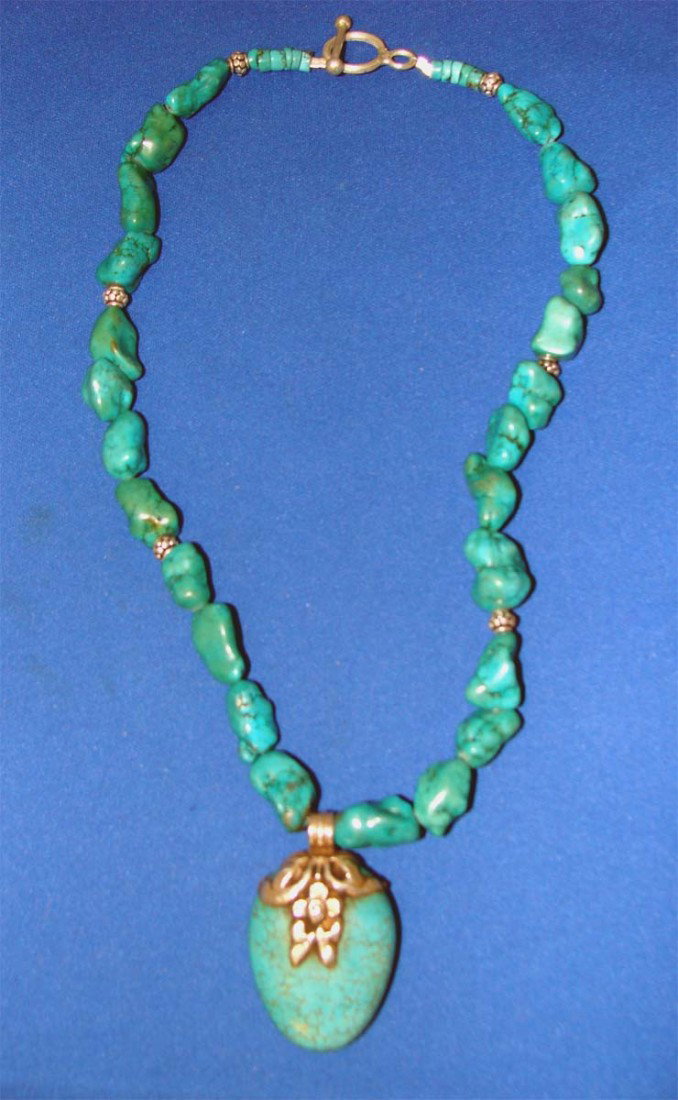 tibetan Nepal Carved Beads Turquoise Necklace: Length: 19"