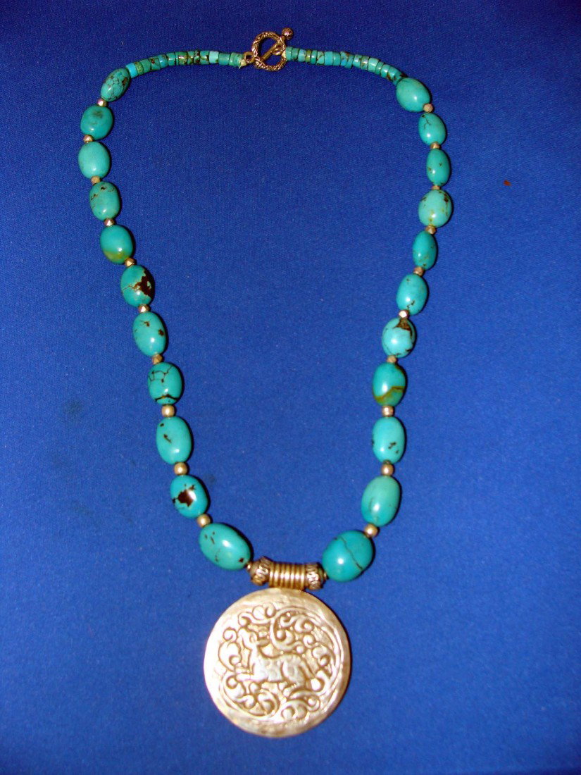 tibetan Nepal Turquoise Necklace With Etched Brass Meda: Length: 20"