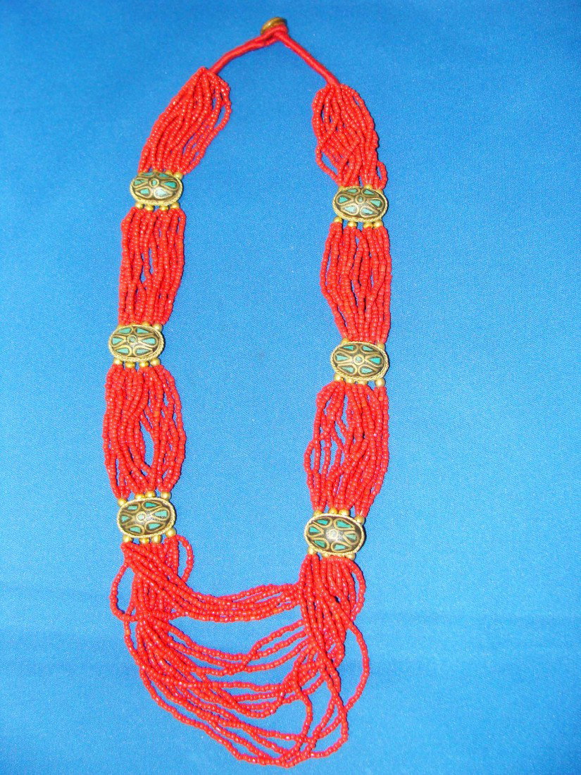 Nepalese Tibetan Coral Bead Necklace with Turquoise: TRADITIONAL TRIBAL NEPALI CORAL GLASS BEAD POTE NECKLACE TURQUOISE/BEESWAX MEDALLION, 16 strands of coral beads strung from each side of the medallions. The 6 oval medallions are made of brass. Turquo
