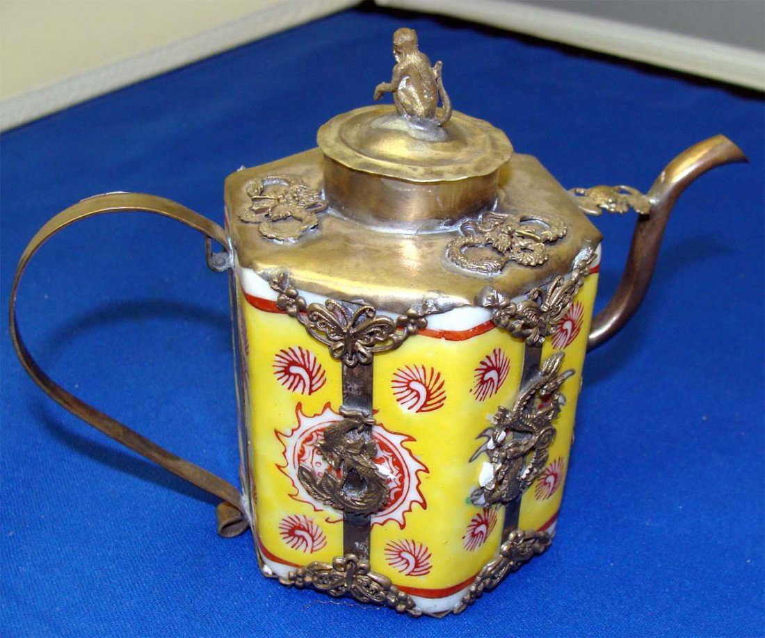 Nepalese Yellow Porcelain & Nickel Silver Teapot: Dimensions: 4.25" by 5.75"
