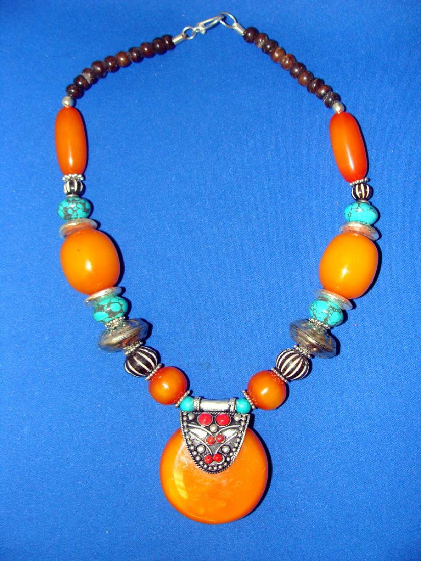 Nepalese Necklace Orange and Turquoise stones: Length: 19"