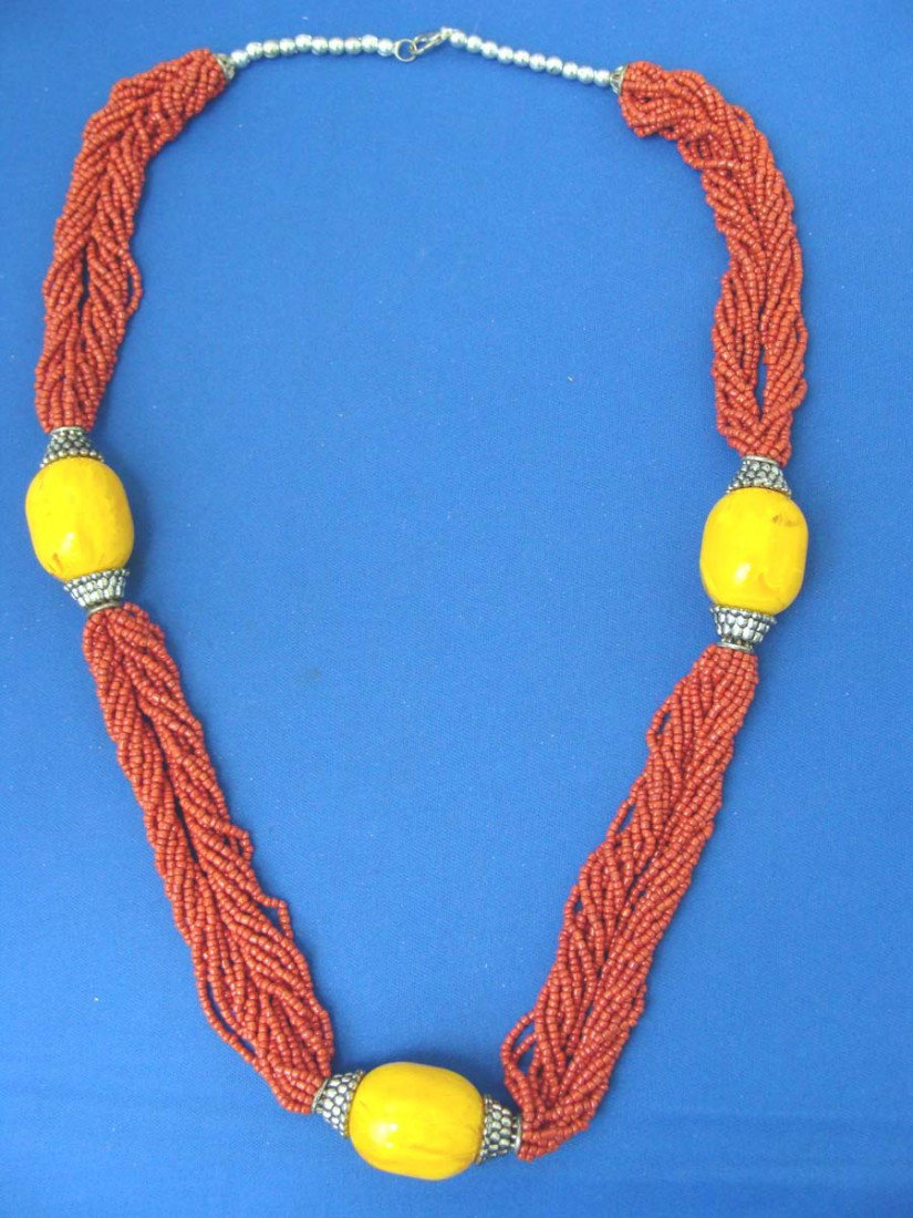 Nepalese Beeswax & Coral Beads Necklace: Length: 28"