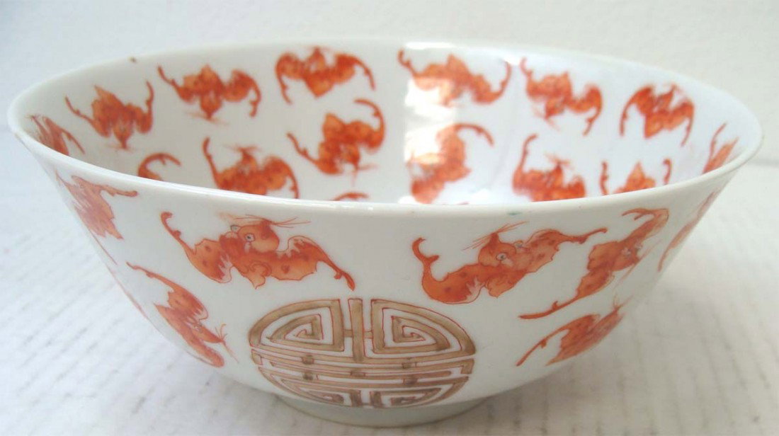 Chinese Porcelain Orange Bowl with BATS: Dimensions: 2.75" by 6.5" dia ZH227