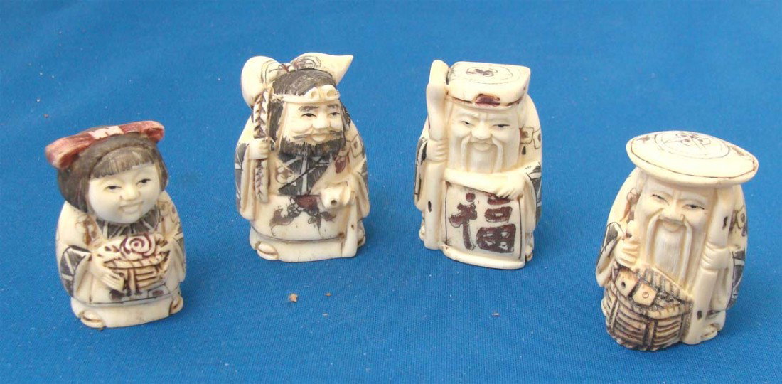 Four Chinese Carved Bone Figures Netsuke NO RESERVE: Three Man and a Lady, each is 2 1/2" tall