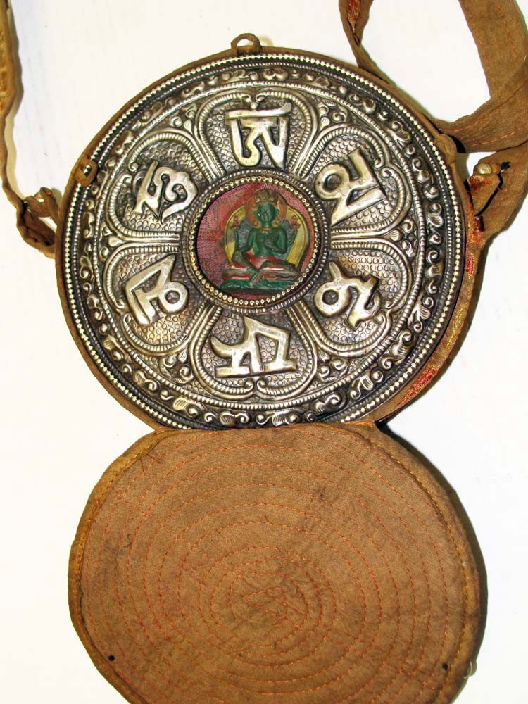 Large Ceremonial Nepal Silver Metal Container Handbag: With small statue of Vishna inserted, Metal Box Dimensions 7" diameter, strap 44". K2W39
