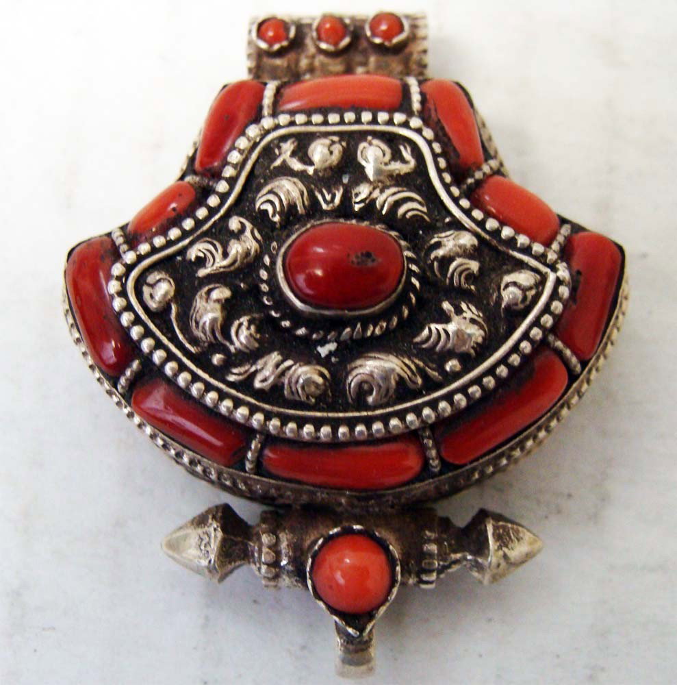 Nepal Sterling Silver with Coral Gau Pendant: Dimensions: 1.75"L by 0.75"W by 0.75"H K18W6