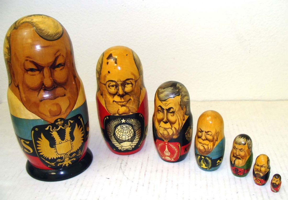 Russian Nested Matryoshka Doll 7 Soviet Leaders: Antique replica Estate of Lee Family Beverly Hills, Dimensions: 7.5" (biggest Doll)