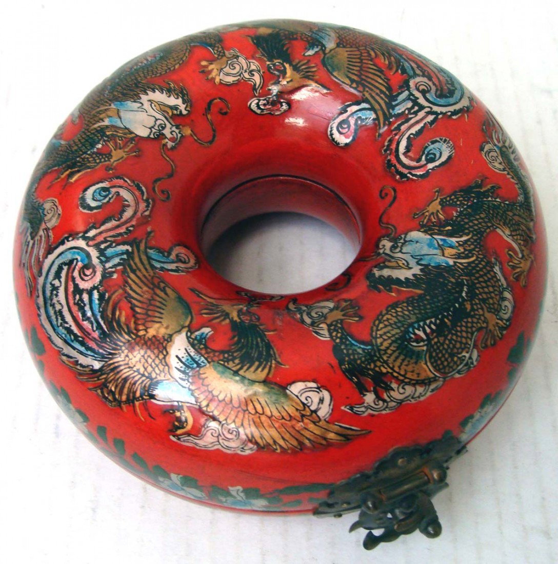 Chinese Hinged Donut Phoenix Jewely Box Cinnabar: Estate of Lee Family Beverly Hills, DimensionS: 2.5" by 7"