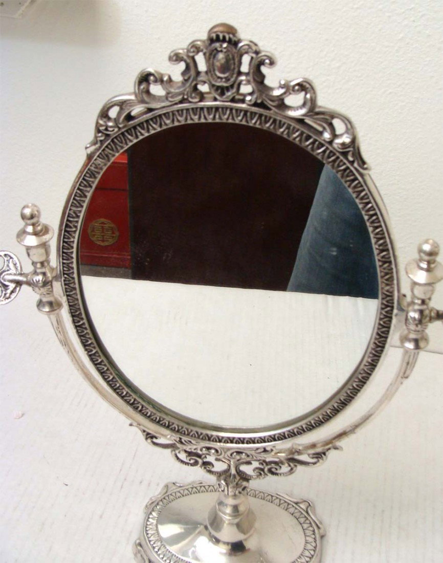 Silver Plated Hinged Counter Make-Up Mirror: Estate of Lee Family Beverly Hills, Dimensions: 15" by 10"