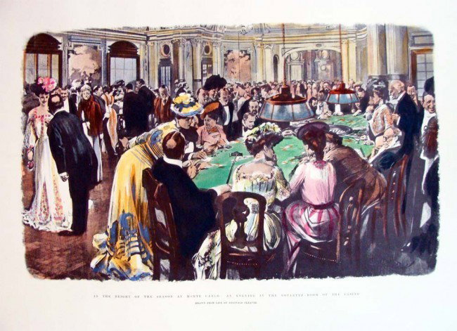 Monte Carlo Scene Hand Colored Litho Reginald Cleaver: Reginald Cleaver was an illustrator for London Newspapers in the late 19th century. Title: In the Height of the Season at Monte Carlo: An Evening in the Roulette-Room of the Casino. Publisher: Publish