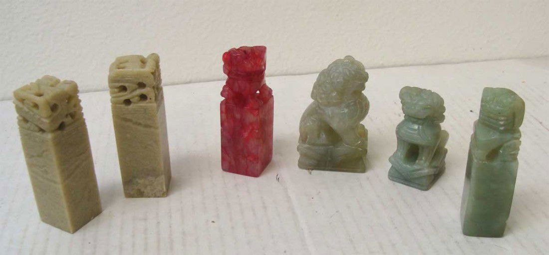 Lot of 6 Chinese Fu Dog seals carved jade: Dimensions: 3" by 1" ZH220