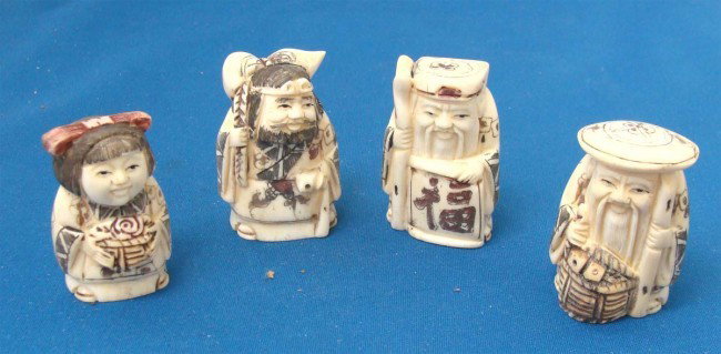 Four Chinese Carved Bone Figures Netsuke NO RESERVE: Three Man and a Lady, each is 2 1/2" tall