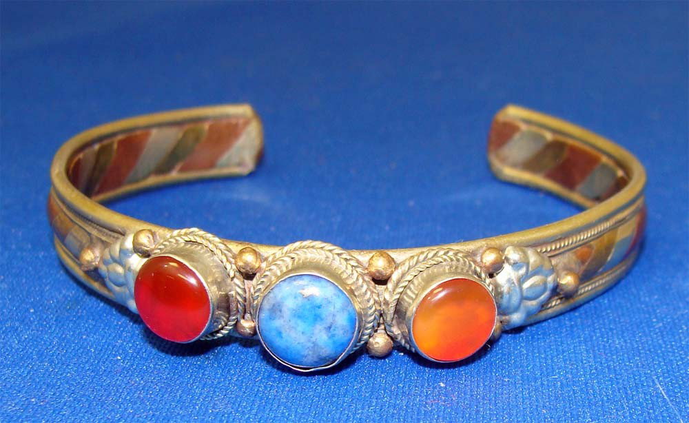 Nepal Tricolor Silver Gold Copper Bracelet: With Turquoise, Coral and Amber stones From the Beverly Hills Lee Estate