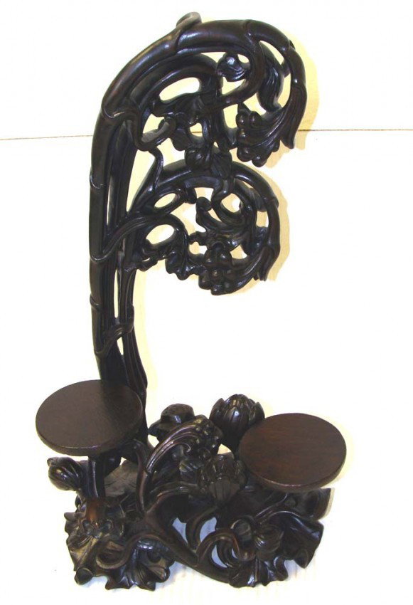 Chinese Antique Zitan Wood Display Stand 19th century: Beautifully carved ZITAN stand with two wood circular bases for display of vases or figurins. Stand dimensions 17.5" tall by 10" K3W009