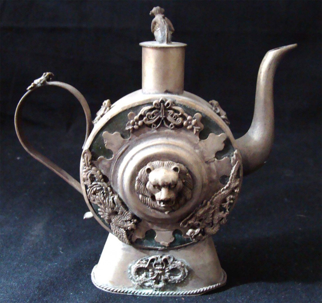 Chinese Etched Metal Lion Teapot with Monkey Lid: Dimensions: 5" by 5" ECK