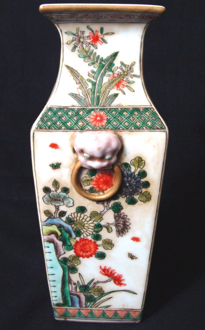 Antique Chinese Porcelain Square Vase: Dims 8.5" by 3.5" BH257