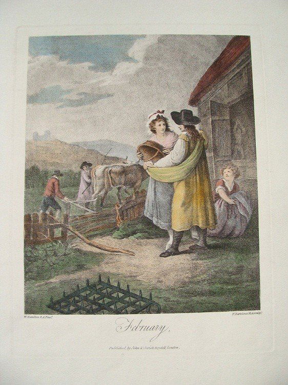 FEBRUARY Stipple Engraving by Francesco Bartolozzi 1798: AN ORIGINAL HAND COLORED STIPPLE ENGRAVING DONE BY FRANCESCO BARTOLOZZI circa 1798(1728-1815.) BARTOLOZZI WAS A MEMBER OF THE ROYAL ACADEMY. WILLIAM HAMILTON (1751-1801) WAS THE ARTIST FROM WHICH THIS