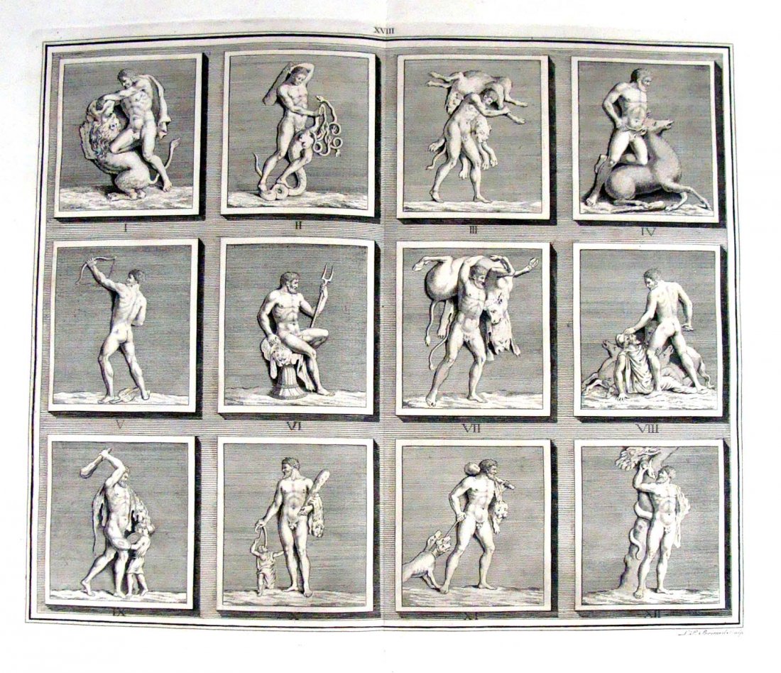 Copper Plate Etching 1747 by Rev Spence Plate 18: Copper Plate Etching, Dimensions: 16" by 21" 1. Hercules, killing the Cleonaen Lion 2. Hercules, killing the Hydra 3. Hercules, with the Erymanthian Boar 4. Hercules, taming the wild stage 5. Hercules
