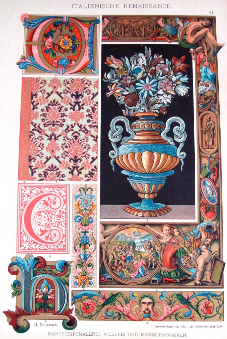 History of Ornaments & Design Circa 1860 Hoffmann, Stut: Colored Chromo Lithograph, Dimensions: 13.5" by 9.5" Plate 54 BK1W20