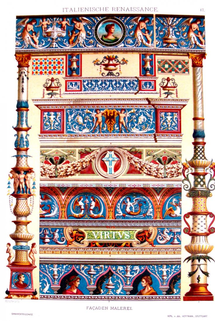 History of Ornaments & Design Circa 1860 Hoffmann, Stut: Colored Chromo Lithograph, Dimensions: 13.5" by 9.5" Plate 47 BK1W20