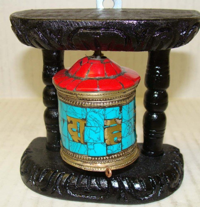 Nepalese Tibetan Double Prayer Wheel with Wood Frame: With inlaid Coral and Turquoise, this Tibetan Buddhist prayer wheel is encircled by brass Tibetan Sanskrit, spelling out "Om Mani Padme Hung", and 8 lucky signs, the Tibetan Buddhist meditation prayer