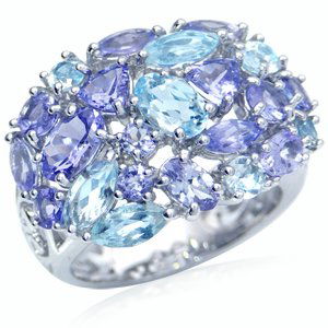 Natural Tanzanite & Blue Topaz White Gold Plated Silver: .925 Sterling, Ring size 7, Gemstone type: 15 piece of genuine tanzanite. Total carat weight: 2.75ct. and Accent stone type: 8 pieces of genuine blue topaz. Total carat weight: 2.18 ct. K16W6