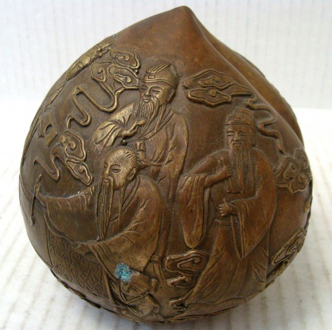 Antique Chinese Copper Engraved Globe Elders Painting: From the Lee Estate in Beverly Hills, Etched design depicts three elders painting a banner with several other characters and a woman in the background. Dimensions 6" Tall by 5" diameter. There is a pi