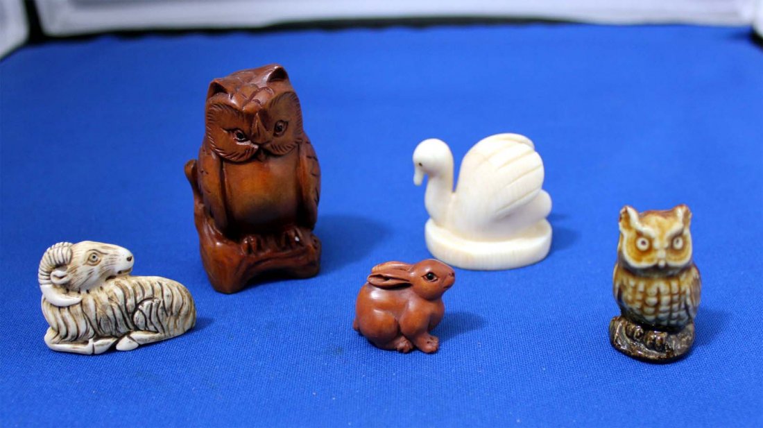 5 Chinese Bird and Animal Netsukes NO RESERVE!: Bone Ram, Bone Swan, Ceramic Owl, boxwood Owl, and Boxwood Rabbit, from the Lee Estate in Beverly Hills, CA, dimensions: from 1/2" to 2" tall