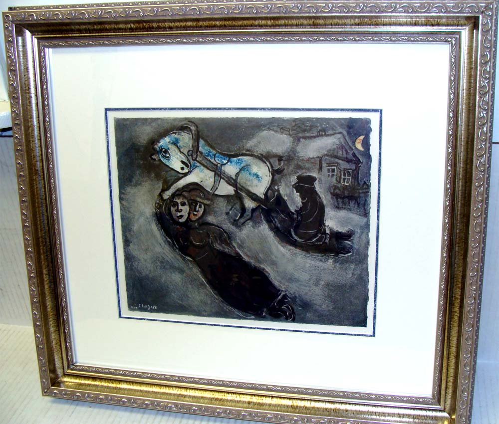 Chagall Framed "In The Snow" Rare Colored Collotype: 2090 An extremely rare Limited edition #159/200 a magnificent color collotype printed in Switzerland 1961 directly from an original Gouache from 1950, signed and dated in the plate. Dimensions 9 1/2"