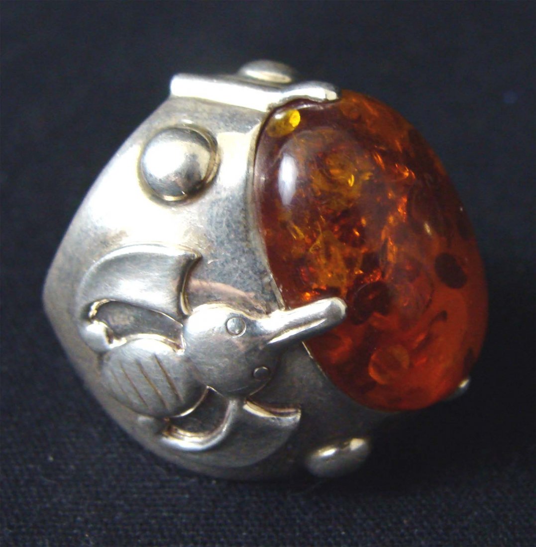 Nepal Tibetan Sterling Silver Ring with Large Amber: TAK2W11