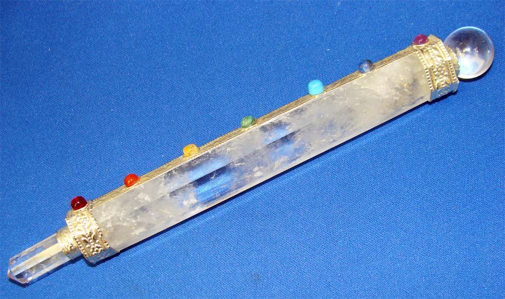 Nepal Turquoise & Coral Beaded Rock Crystal Carved Wand: Dimensions: 7.5" by 3/4" K2W39