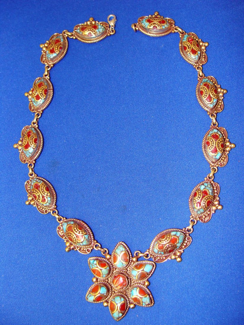 Nepal Sterling Silver Necklace Inlaid Turquoise Coral: And carnelian stone, Length 16"