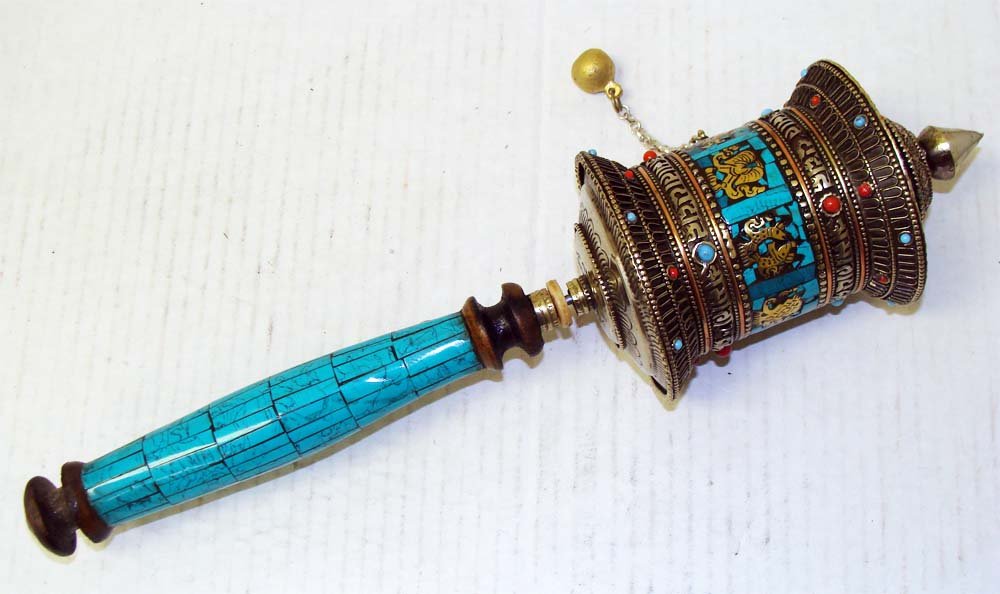 Ceremonial Nepal Silver Metal Hand Held Prayer Wheel: Accented with turquoise and coral, Dimensions 13.5" by 3.5" K1W85