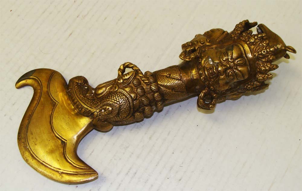 Ceremonial Nepal Metal Carved Axe: Dimensions 11" by 5", K3W60