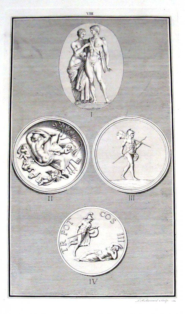 Copper Plate Etching 1747 by Rev Spence Plate 8: Copper Plate Etching, Dimensions: 16" by 9.5" 1. Venus, wheedling mars 2. Venus, under the character of Indolence 3. Mars Gradivus 4. Mars, descending to Rhea Sylvia BK1W51