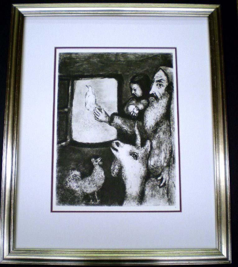 Chagall Engraving Verve Bible The Dove of the Ark: “Also he [Noah] sent forth a dove from him, to see if the waters were abated from off the face of the ground" (Gen. 8:8) Framed, an original graveur after Chagall from the Verve VIII, N 33 Et 34 pub