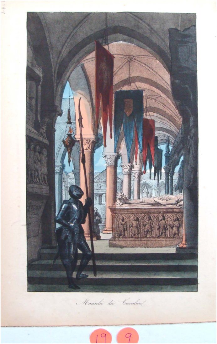 Color Engraving C1750 Locosi Knight in Armor Guarding: Titled "Mausolei dei Cavalieril", Dimensions: 11.75" by 8", 19-19