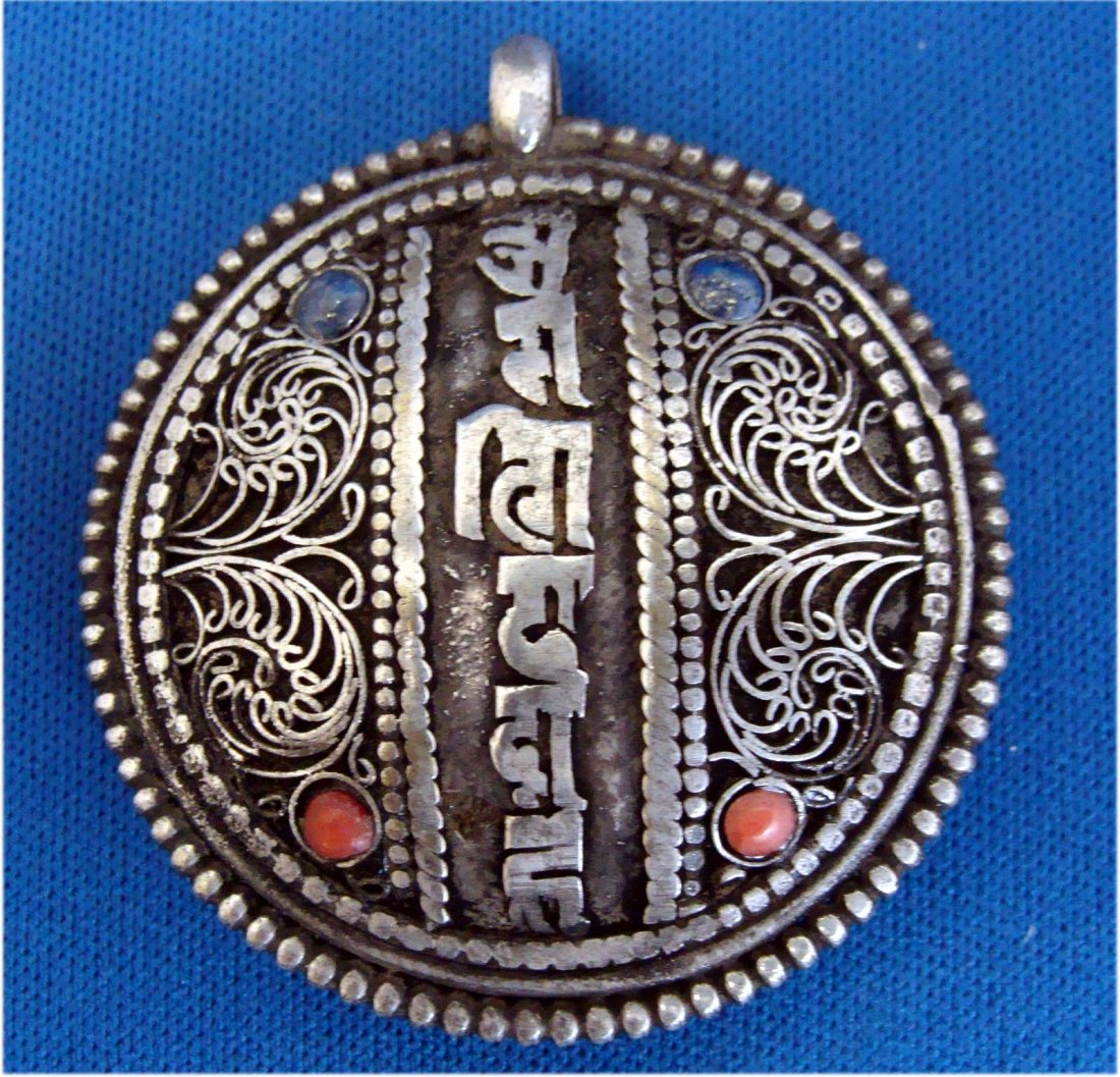 Nepal Turquoise & Coral Nickel Silver Character Pendant: K3W7 dimensions: 1.25"