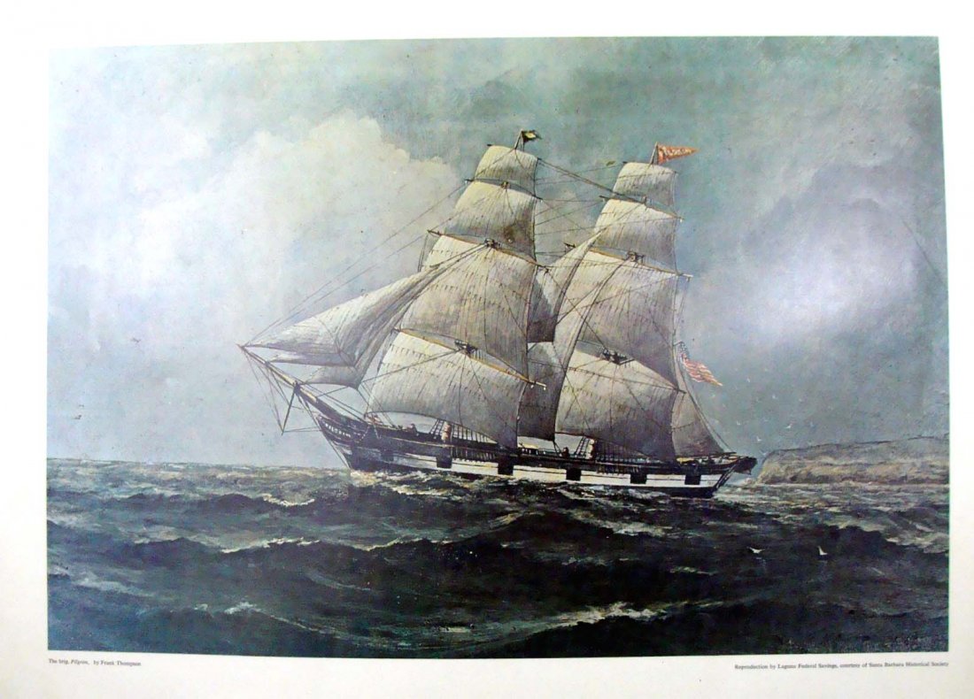 The Brig, Pilgrim by Frank Thompson Lithograph 1950: Reproduction color Litho from 1950, Dimensions 16" by 22" P3036